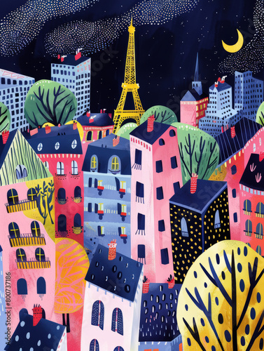 Paris city skyline cute colorful hand drawn style illustration