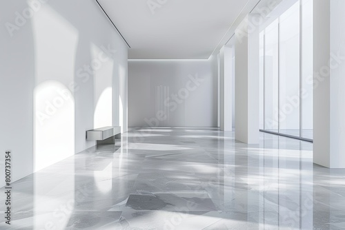 Minimalist Monochromatic Home  White Spa Room With Glossy Grey Tiles in Geometric Museum Loft