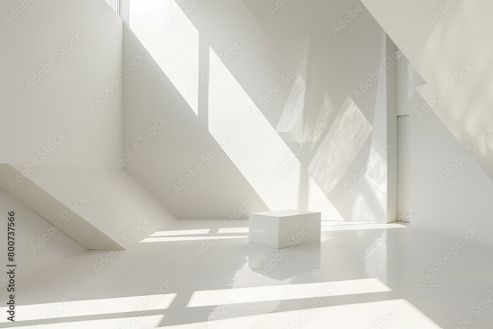 Fototapeta premium Geometry in White: Luxe Minimalist Living Room with Angular Light and Bright Shadows