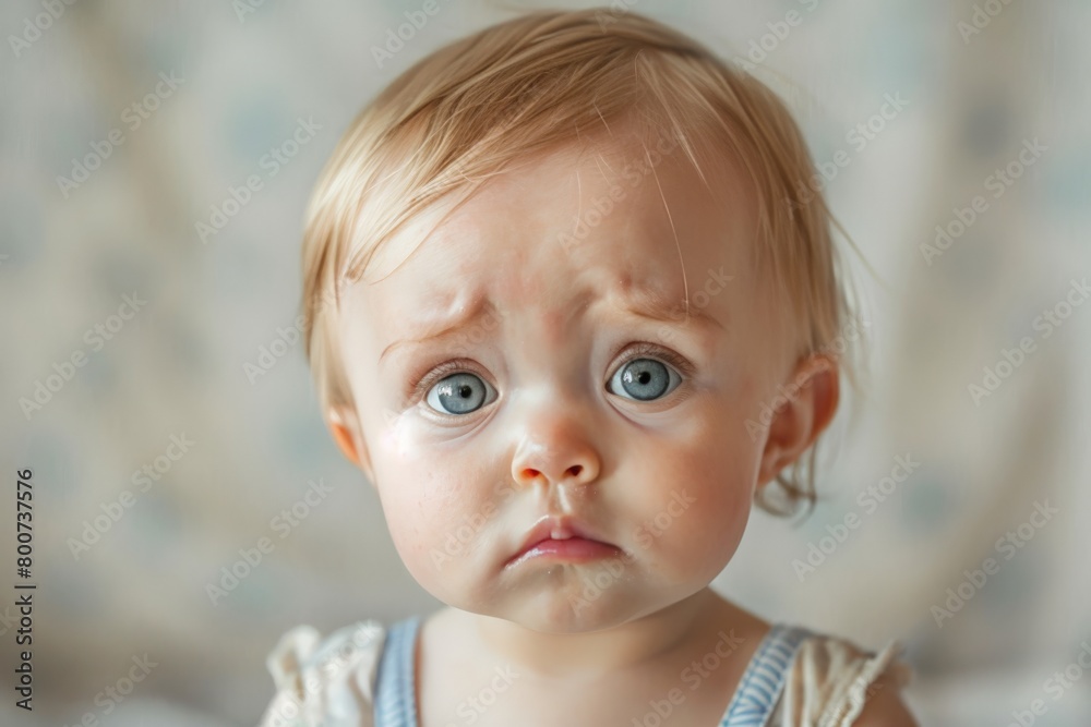 A portrait of a baby with a thoughtful expression. The eyebrows are furrowed and the lips are pursed. The baby is thinking deeply and contemplating. A portrait of a baby with a thoughtful expression. The eyebrows are furrowed and the lips are pursed. The baby is thinking deeply and contemplating.
