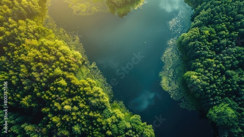 Aerial view of river winding through dense green forest