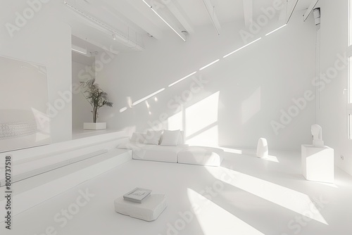 Minimalist Luxury  White Clean Living Room in a Bright Geometric Museum Concept