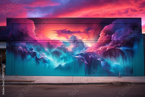 A beautiful mural of a sunset sky, painted on the side of a building. The colors are vibrant and the clouds are detailed, and it looks like a real sunset. photo