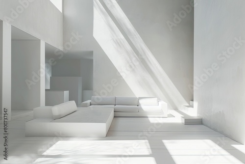 Minimalist Geometric White Room  Sunlight Shadows and Luxury Decor