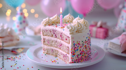 Slice of pink funfetti Birthday cake with candle  presents  hats and colorful balloons over light grey background. Scene from a birthday party.