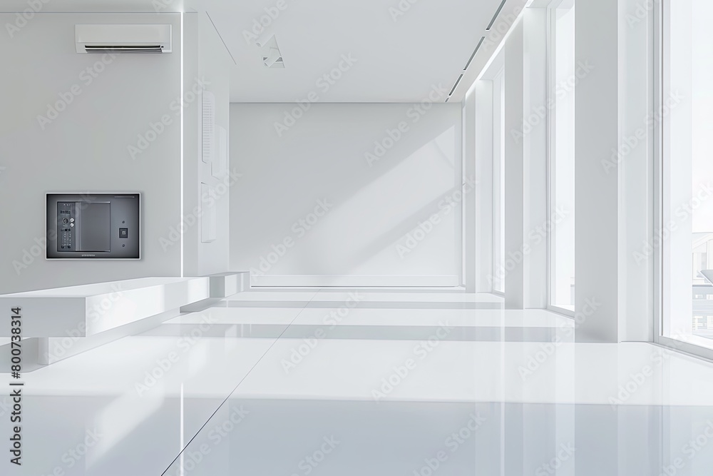 White Room Minimalist Space: Modern Electronics Showcase in Contemporary Interior White Room Minimalist Space: Modern Electronics Showcase in Contemporary Interior