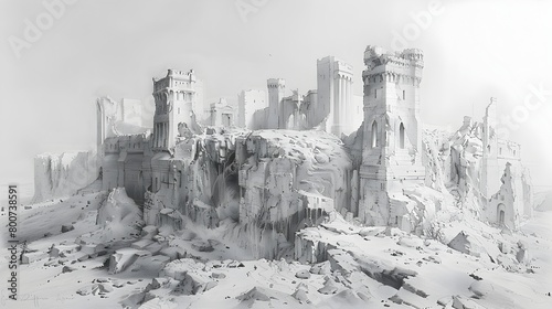 Contour Drawing of Crumbling Medieval Castle Ruins in Dramatic Fantasy Landscape photo