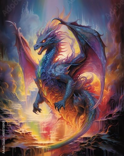 A magnificent iridescent dragon with rainbow fire roars triumphantly in a surreal dreamscape