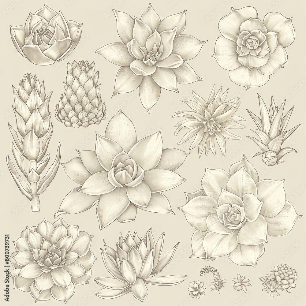 Botanical line art featuring an array of succulents, rendered in neutral tones, perfect for modern home decor or gardening guides.