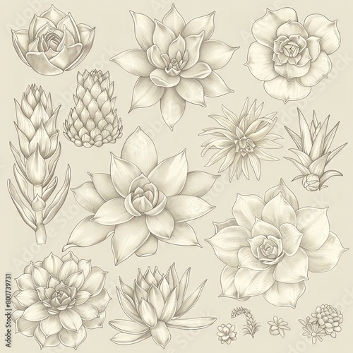 Botanical line art featuring an array of succulents  rendered in neutral tones  perfect for modern home decor or gardening guides.