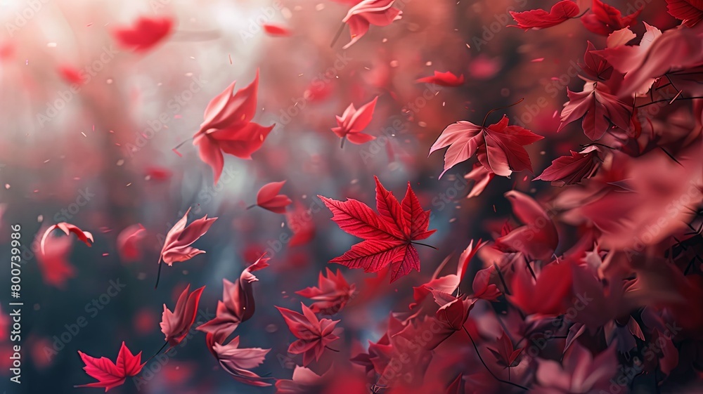 Red leaves swirling in a mystical autumn breeze - Evocative image capturing the essence of autumn with vibrant red leaves swirling in a dreamlike dance within a mysterious, soft-focus background Red leaves swirling in a mystical autumn breeze - Evocative image capturing the essence of autumn with vibrant red leaves swirling in a dreamlike dance within a mysterious, soft-focus background