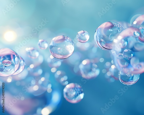 A close-up of a cluster of bubbles floating in a blue liquid.