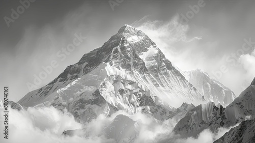 Monochrome Image of Mount Everest Peak - Striking monochrome photography capturing the sheer majesty of Mount Everest's peak amidst swirling clouds