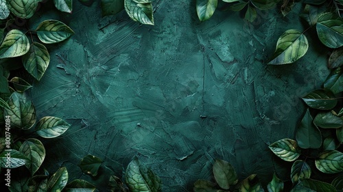 Green leaves bordering textured dark blue background with central vignette effect photo