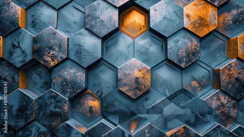 Hexagonal patterned wall with selective orange highlights photo