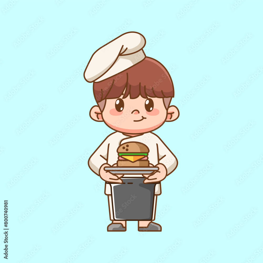Cute chef cook serve hamburger kawaii chibi character mascot illustration outline style design Cute chef cook serve hamburger kawaii chibi character mascot illustration outline style design