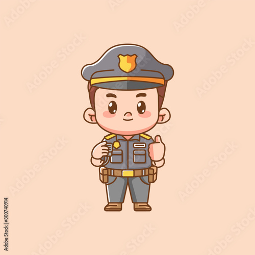Cute police officer uniform thumbs up kawaii chibi character mascot illustration outline style design