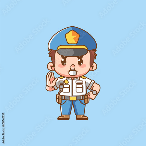 Cute police officer uniform whistle kawaii chibi character mascot illustration outline style design
