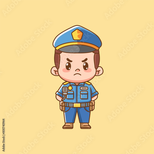 Cute serious police officer uniform kawaii chibi character mascot illustration outline style design