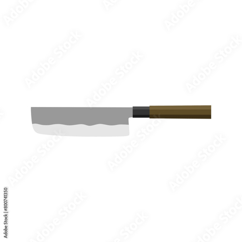 nakiri japanese chef knife flat design vector illustration isolated on white background. Sharp chef's tool with steel blade, wooden handle. A simple culinary sketch, chopper for cutting meat, fish