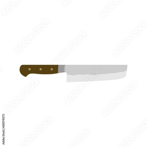 nakiri japanese chef knife flat design vector illustration isolated on white background. Sharp chef's tool with steel blade, wooden handle. A simple culinary sketch, chopper for cutting meat, fish