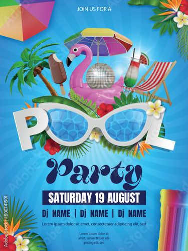 pool party poster with sunglasses and flamingo swimming ring with disco ball. hello summer poster 