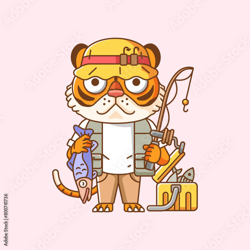 Cute tiger fisher fishing animal chibi character mascot icon flat line art style illustration concept cartoon
