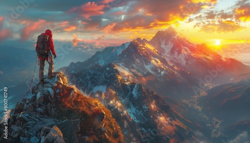 Mountain climber standing on peak at sunrise photo