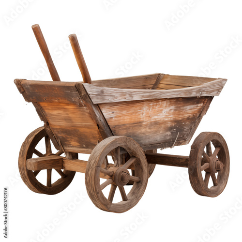 Old wooden wheel barrow isolated on transparent background