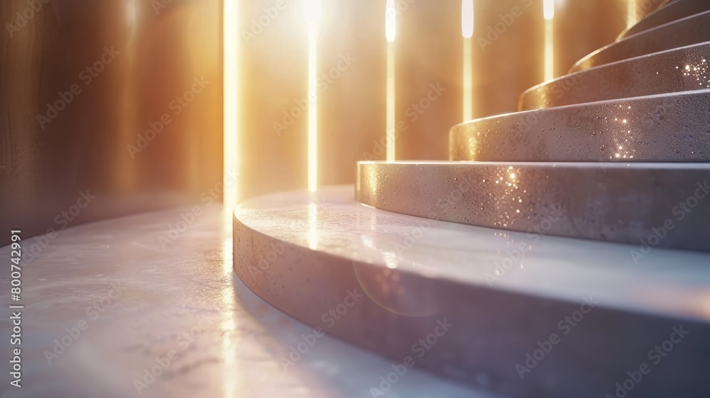 Sunlight streams through window onto curved staircase with glowing, warm light