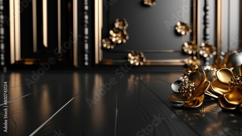 Elegant interior with glossy floors and golden floral decorations reflecting on surfaces photo