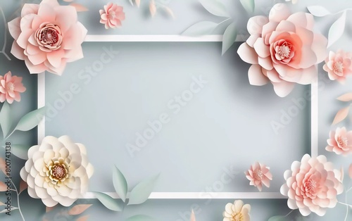 Paper flowers and white rectangular frame, paper cut style blank flowers
