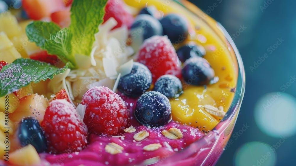 A closeup of a colorful smoothie bowl filled with ingredients known for their brainboosting properties at a healthconscious cafe.. A closeup of a colorful smoothie bowl filled with ingredients known for their brainboosting properties at a healthconscious cafe..