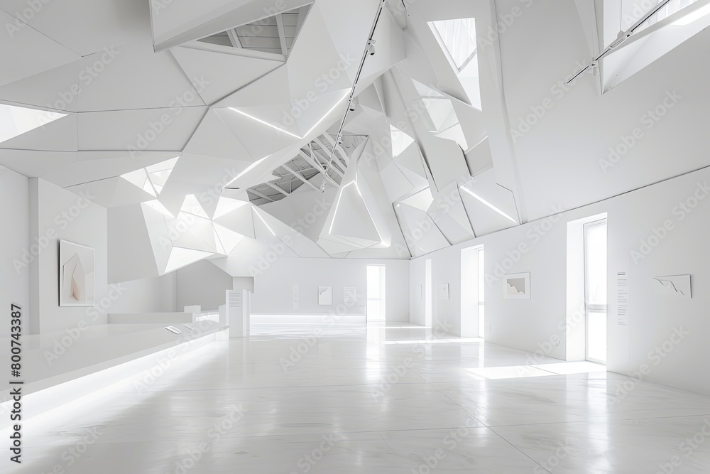 Obraz premium Minimalist White Room Exhibition: Geometric Showcase Design & Bright Architecture