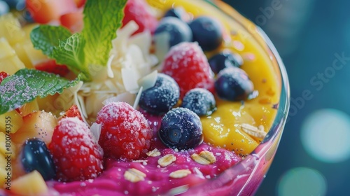 A closeup of a colorful smoothie bowl filled with ingredients known for their brainboosting properties at a healthconscious cafe..