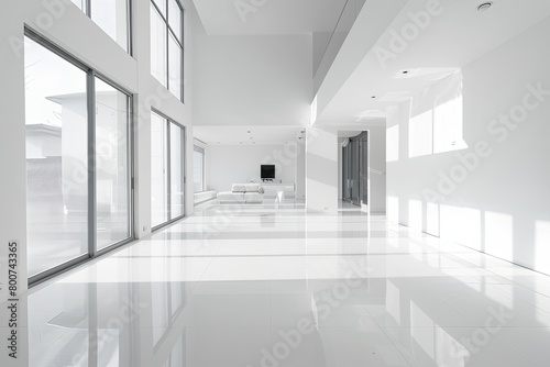 Minimalistic White Interior: Bright Space with Reflective Floors in Open-Concept Living Area