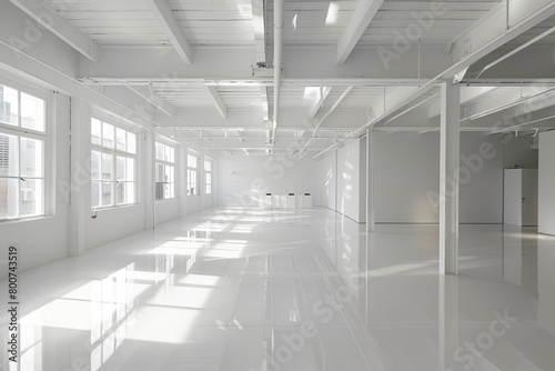 Minimalist White Interior: Reflective Flooring Conference Room in Modern Loft Building