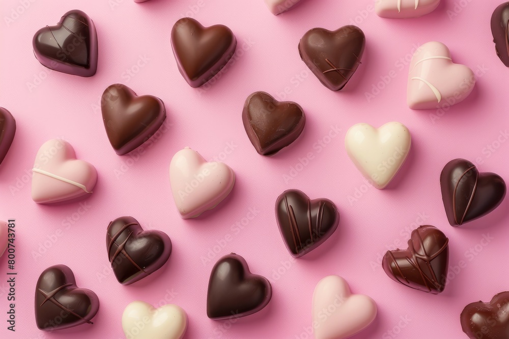 Fototapeta premium Assorted heart-shaped chocolates on a pink background.