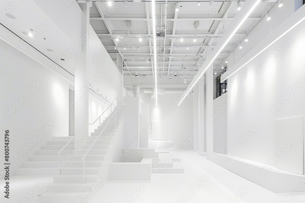 Obraz premium White Space Gallery: Illuminating Minimalist Architecture with Dramatic Spotlights