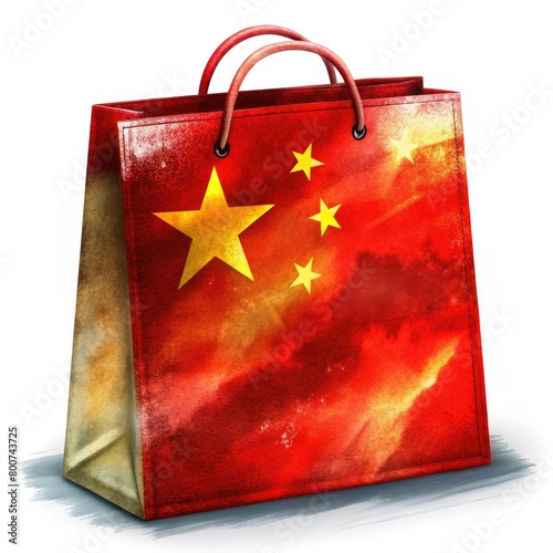 CHINA Flag Shopping Bag: Iconic Symbol of Chinese Pride on White Background. Premium Quality: Durable CHINA Flag Shopping Bag for Stylish Travelers. Chinese Heritage: Flag-Inspired Shopping Tote Bag