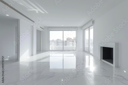 White Space Elegance  Modern Minimalist Apartment with Reflective Marble Floors