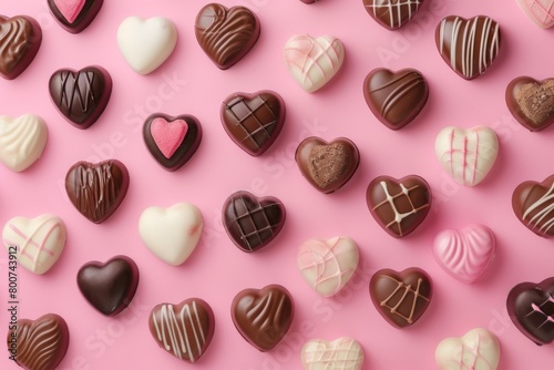 Assorted heart-shaped chocolates on a pink background.