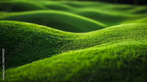 Undulating green hills of a golf course with textured grass and shadows. Tranquil nature and leisure concept. Design for golfing event promotions, sports background.
