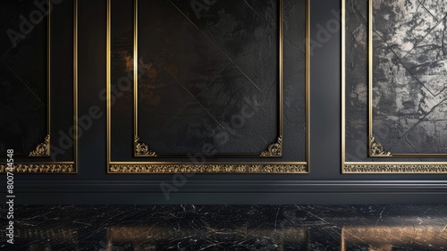 Luxurious black marble wall with golden trim and glossy floor reflecting ambient lighting