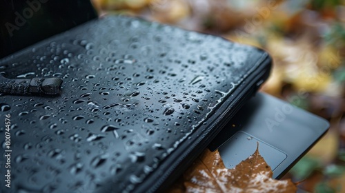 Blank mockup of a weatherproof laptop sleeve keeping your device safe in any type of weather. . photo