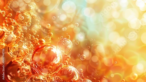 Close-up of shimmering golden bubbles in liquid with bokeh effect