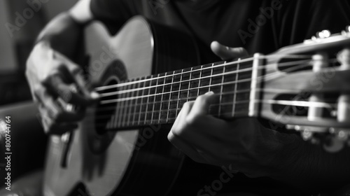 A man passionately strums a guitar in a black and white setting, showcasing his musical talent and love for the instrument.