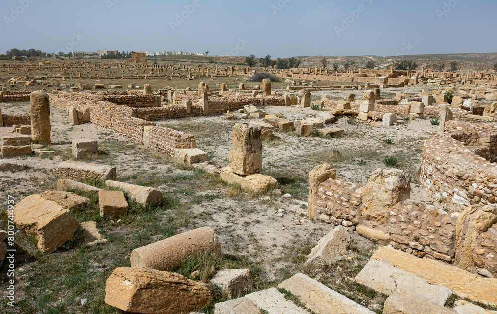 View of historical ruins of Sufetula, archaeological site near Sbeitla town, with stone remains of dwellings, government structures, and temples amid Tunisian landscape on spring day