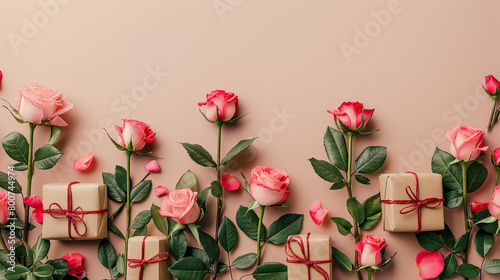 Valentines gifts and rose buds on beige background  top view. Happy Valentines Day greeting card design.