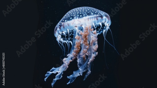 Jellyfish suspended in the void, a cosmic dance among the stars, shot in high fidelity against a stark black backdrop AI Generative. photo